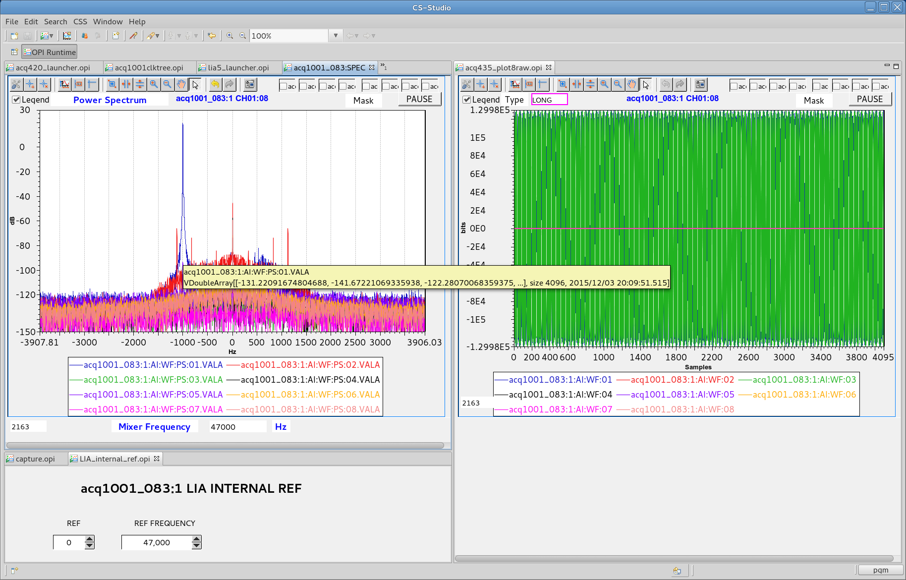 example complex spectrum of lock-in signal, compared to raw signal in time domain